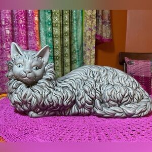 Vintage MCM Ceramic Gray Cat with Blue Eyes